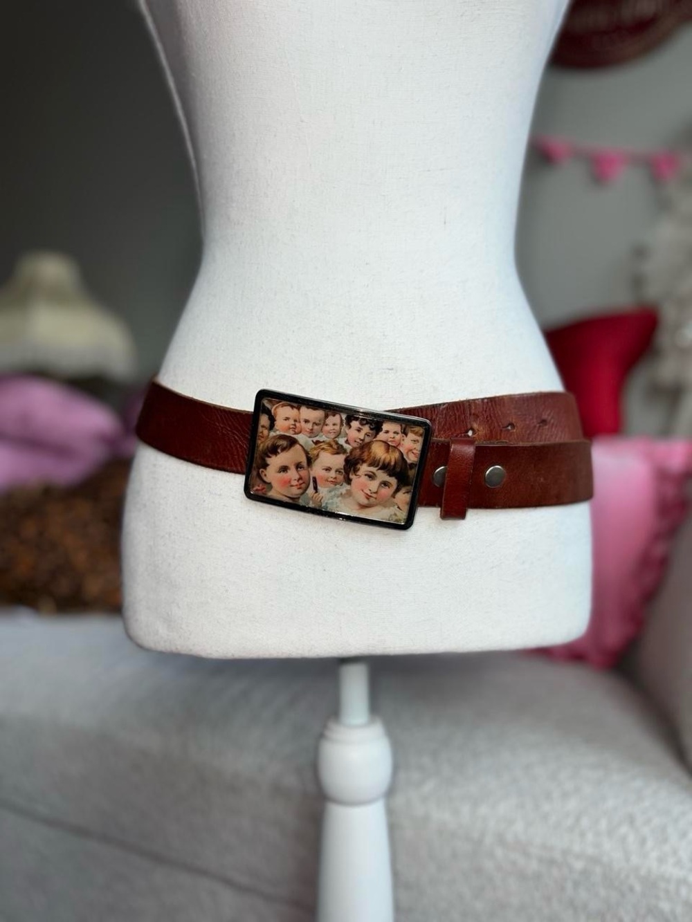 Vintage Brown Leather Belt with vintage cigar ad Buckle